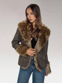 SHEIN ICON Áo khoác nữ cổ lông giả giặt cũ, quần áo thu đông cho nữ - Màu xanh hải quân - Xem 6