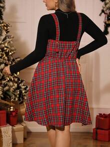 Flirla 加大码圣诞格子褶饰腰部短款吊带连衣裙 - 紅色 - 查看 2