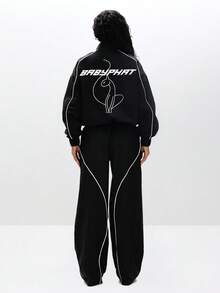 BABYPHAT 轻薄运动外套，撞色滚边细节，全拉链防风外套，休闲Y2K时尚运动套装，黑色 - 黑色 - 查看 6