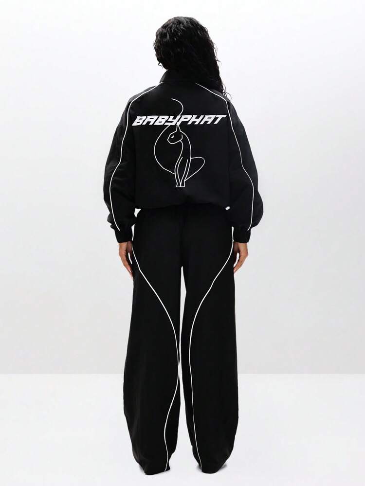 BABYPHAT Lekka kurtka sportowa z kontrastowymi lamówkami, wiatrówka zapinana na zamek, codzienna odzież wierzchnia Y2K, modny dres w kolorze czarnym