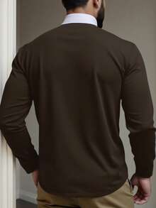 Manfinity Homme Kemeja Polo Lengan Panjang Kerah Kontras Kasual Pria Ukuran Besar, Musim Gugur - Coffee Brown - View 2