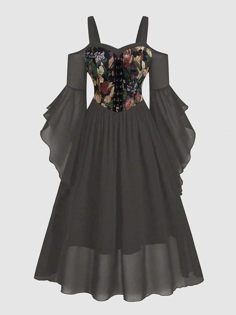 Sweetra Plus Size Floral Print Patchwork Bustier Tie Strap Flare Sleeve Dress - Dark Grey - View 1