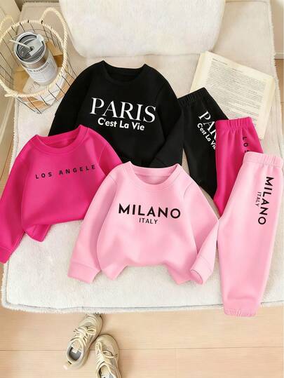 SHEIN Playful Pals 6 件套幼儿女童秋季套装，休闲时尚创意个性化清新可爱简约字母标语图案印花运动衫和运动裤套装，舒适的秋冬穿着，适合，粉色、酒红色、黑色