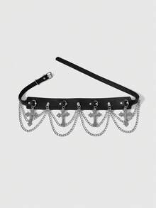ROMWE Grunge Punk 1 chiếc thắt lưng dây xích nữ, màu đen, một lớp, họa tiết thánh giá, phong cách Gothic, phụ kiện đa năng cho váy, Halloween. - Màu đen chéo hai lớp chuỗi - Xem 3