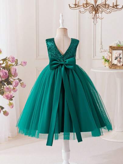 Glamorique Kids Vestido de niña con lentejuelas verdes, tul y satén con decoración de lazo, disfraz de Navidad y Halloween, vestido sin mangas para fiesta de cumpleaños, actuación en el escenario, vestido de gala de alta gama