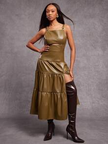 NYA SZN Olive Green Summer Chic Party Night Dress Buckle Detail Tier Skirt Cut Out Modest Vintage Fall Maxi Length Statement Festival Outfits For Women - Green - View 3