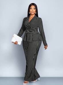 SOLERSUN Bộ đồ hai mảnh cổ chữ V kẻ sọc thanh lịch cỡ lớn dành cho nữ mùa thu đông, trang phục hai mảnh có viền bất đối xứng, trang phục thường ngày, quần áo mùa đông cho nữ, vải quấn, xoắn, cạp chun, vải dệt jacquard sọc đen trắng, trang phục thường ngày, đi làm, mua sắm - Đen và trắng - Xem 1