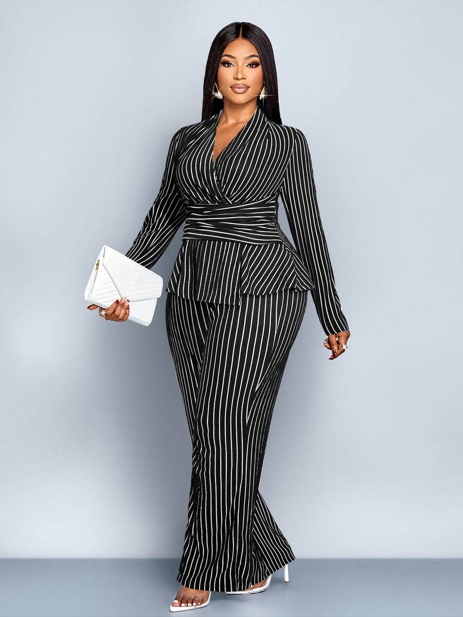 SOLERSUN Bộ đồ hai mảnh cổ chữ V kẻ sọc thanh lịch cỡ lớn dành cho nữ mùa thu đông, trang phục hai mảnh có viền bất đối xứng, trang phục thường ngày, quần áo mùa đông cho nữ, vải quấn, xoắn, cạp chun, vải dệt jacquard sọc đen trắng, trang phục thường ngày, đi làm, mua sắm - Đen và trắng - Xem 1