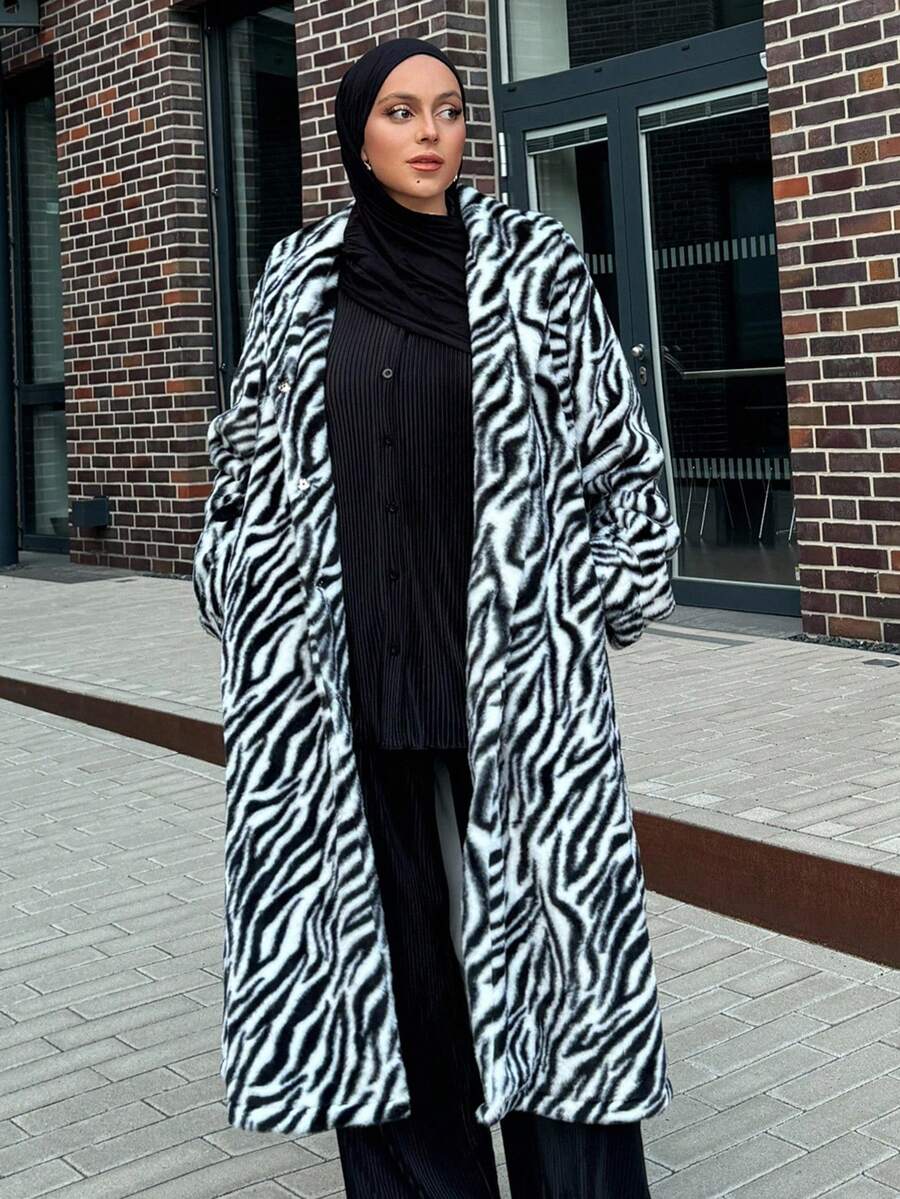 DAZY Zebra Print Thermal Lined Thick Warm Long Faux Fur Coat For Women - Black and White - View 1
