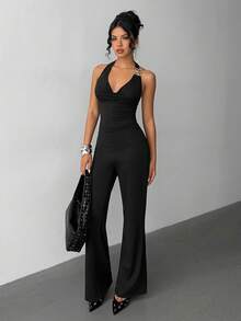 Jeanoix 女式纯色垂领时尚连体衣，带金属环装饰 - 黑色 - 查看 6