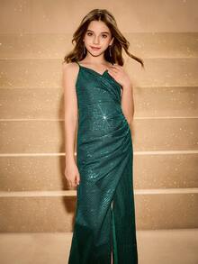 Elegant Flower Girl Dress For Graduation, Wedding, Ball Gown; Green Sequin Spaghetti Strap Maxi Dress For Halloween, Christmas, Formal Occasion For Big Tween Girl; Fashion Open Slit Puffy Princess Dress For Back To School