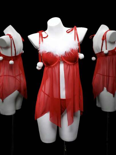 Verleidelijke Doorschijnende Mesh Bowknot Strap Nightgown Set view 6