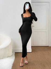 SHEIN PETITE 女士秋冬基础款针织灰色修身方领长袖连衣裙 女士长袖连衣裙 高弹力连衣裙 长款紧身连衣裙 长款修身连衣裙 - 黑色 - 查看 4