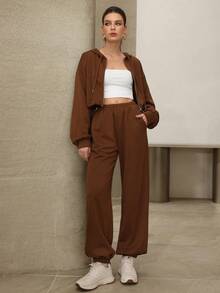 Modelyn 2件套女式休闲连帽拉链收腰长袖运动衫和慢跑裤套装 - 棕色 - 查看 8