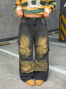 Slaydiva Plus Size Women Vintage Washed High Waist Slimming Straight Leg Cargo Pants, Autumn - Blue - View 1