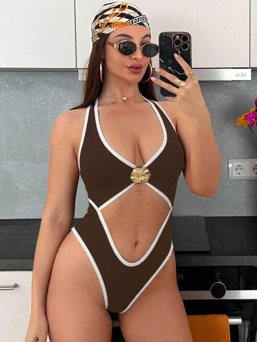Swim SXY Damen Strand Musik Festival Frühling/Sommer Metallschmuck farbblockierter High-Cut Neckholder Badeanzug - Braun - Übersicht 1