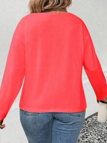 EMERY ROSE Plus Size Women's Fashion Casual Striped Round Neck Neon Color Long Sleeve T-Shirt