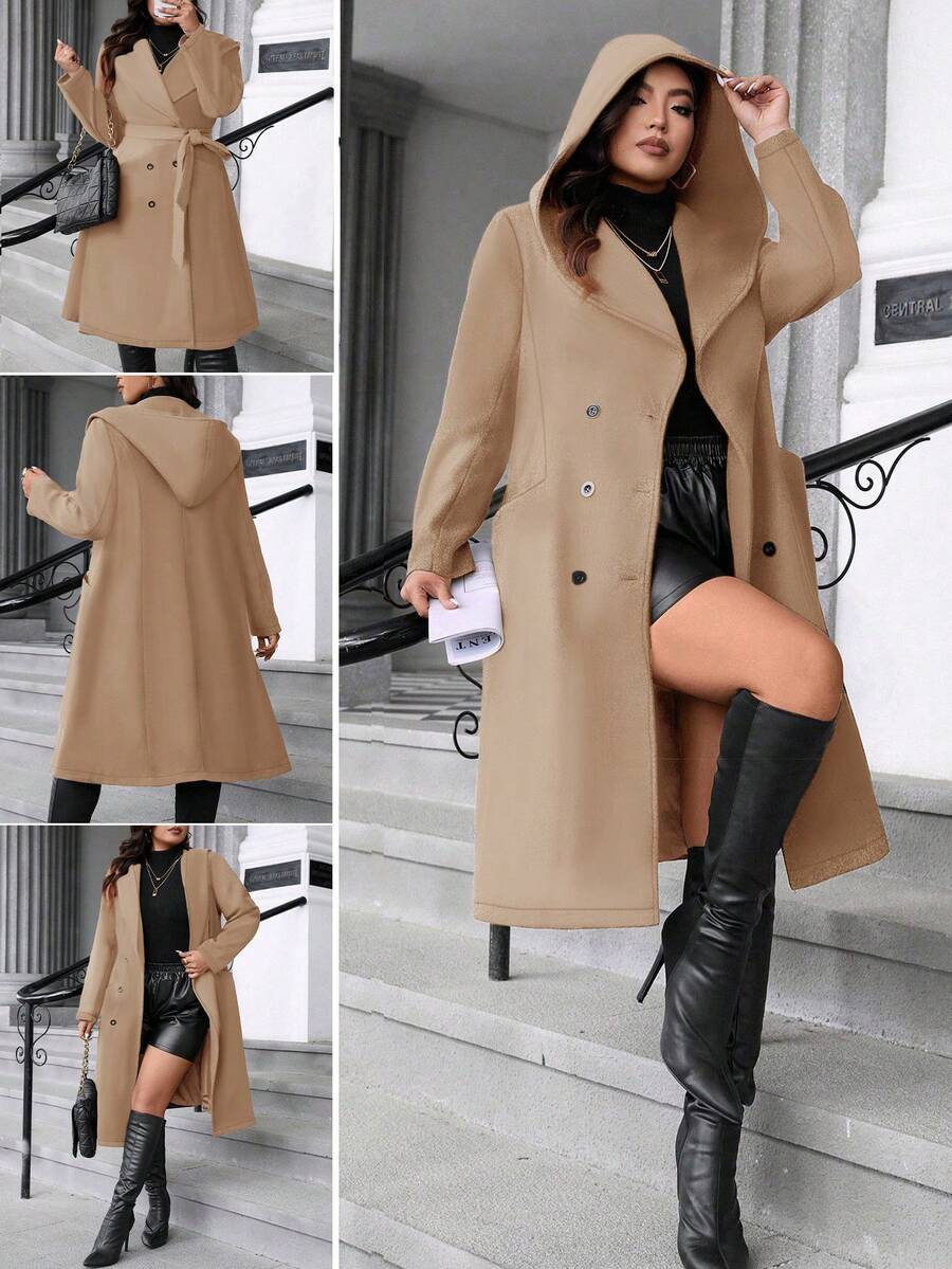 Easura Plus Size Solid Color Double-Breasted Hooded Overcoat, Suitable For Commuting, Autumn/Winter - Camel - View 1