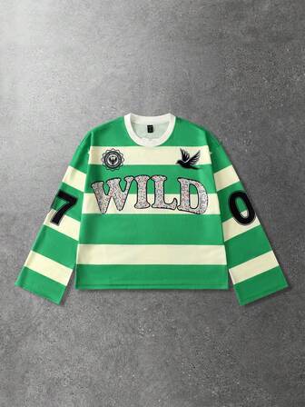 Prep Camiseta de manga larga con estampado de diamantes brillantes y rayas para hombre