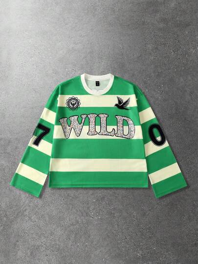 Prep Camiseta de manga larga con estampado de diamantes brillantes y rayas para hombre