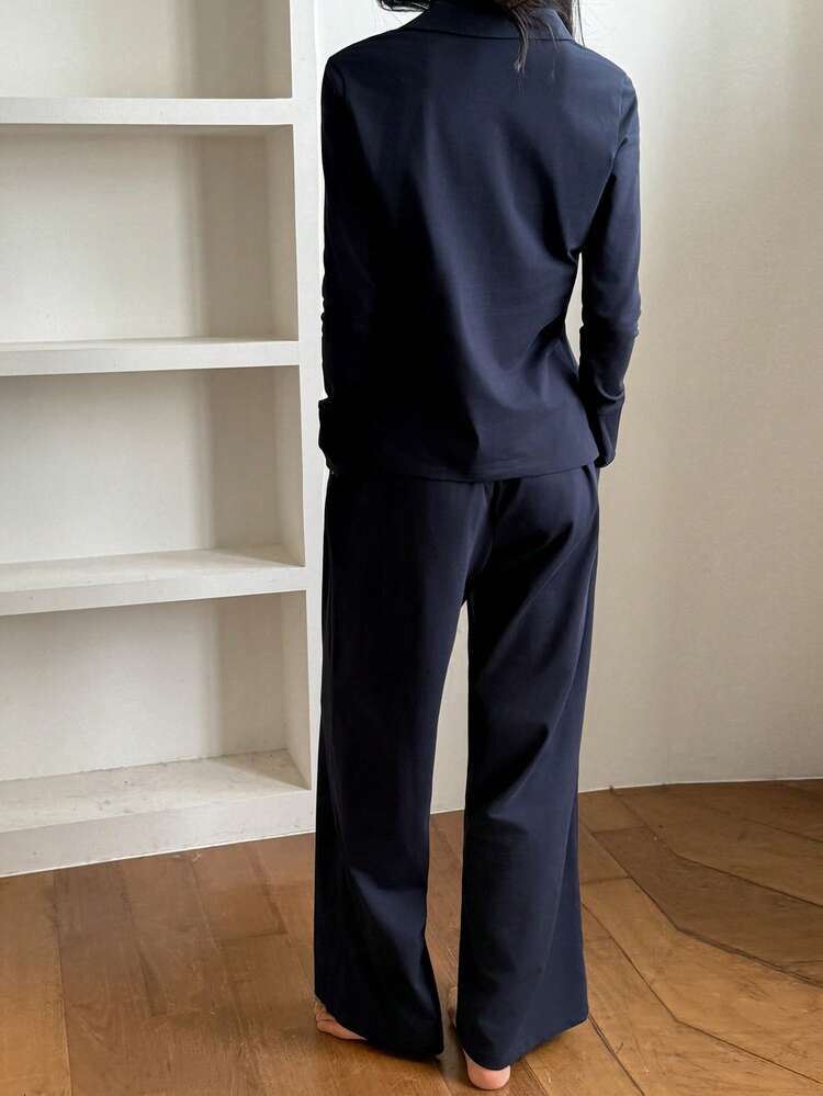 Simple Solid Color Knit Women Pajama Set