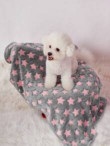 PETSIN 1pc Gray Base Pink Star Print Cute Pattern Pet Blanket, Warm For Dogs And Cats - Grey - View 2