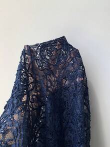 Maweii 大码女式中式立领无袖优雅蕾丝褶腰连衣裙 - 藏蓝色 - 查看 6