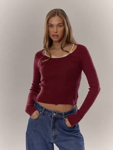 MUSERA Ribbed Knit Layered Lace Trim Long Sleeve Sweater Top Winter Cute Casual Cosy Winter - Burgundy - View 5