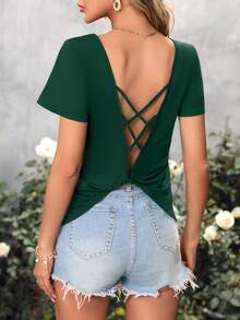 Chiquease Áo thun nữ tay ngắn cổ chữ V đan chéo lưng trơn màu đơn sắc - Màu xanh lá cây đậm - Xem 2