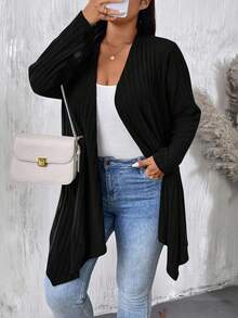 EMERY ROSE Plus Size Women Black Asymmetrical Hem Loose Casual Commute Outerwear Cardigan - Black - View 3