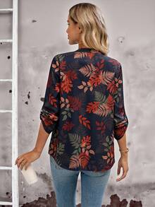 EMERY ROSE 女式度假植物印花V领卷边袖休闲衬衫 - 彩色 - 查看 2