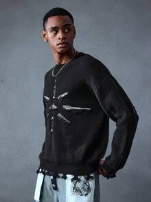 ROMWE MEN Street Life Men's Casual Distressed Crew Neck Drop Shoulder Long Sleeve Sweater, Autumn/Winter, Grunge Style - Black - View 1