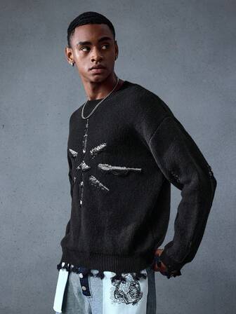 Street Life كنزة صوفية كاجوال رجالية بياقة طاقم وأكمام طويلة منسدلة، مهترئة، لموسم الخريف/الشتاء، بطراز جرانج