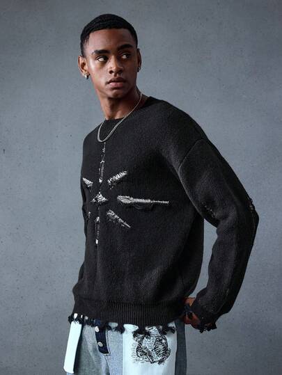 Street Life Men's Casual Distressed Crew Neck Drop Shoulder Long Sleeve Sweater, Autumn/Winter, Grunge Style