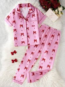 2pcs Girls Apricot Base Fully Allover Print Red Bow Ribbon Blouse And Casual Pants Homewear Set - Baby Pink - View 3