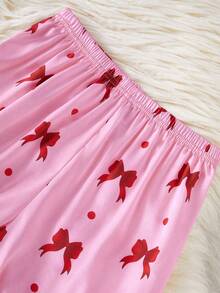 2pcs Girls Apricot Base Fully Allover Print Red Bow Ribbon Blouse And Casual Pants Homewear Set - Baby Pink - View 7