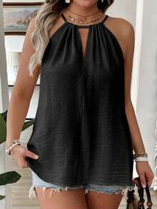 EMERY ROSE Plus Size Fashionable Apricot Spaghetti Strap Casual Loose Flattering Cover Hips Stylish Sexy Strap Design Elegance Camisole For Women - Black - View 7