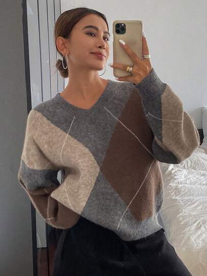 DAZY Plaid Loose Long Sleeve Crew Neck Women Sweater, Fall Clothes,Long Sleeve Tops