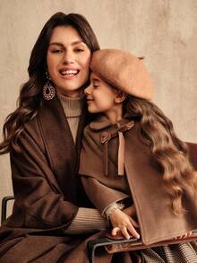 SHEIN 女童棕色羊毛斗篷披肩外套，时尚披肩领，适合全家穿着，秋冬季大衣 - 卡其色 - 查看 7