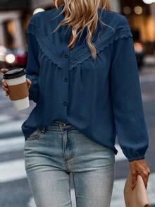 SHEIN LUNE 秋季大码休闲纯色蕾丝边衬衫 - 藏蓝色 - 查看 1