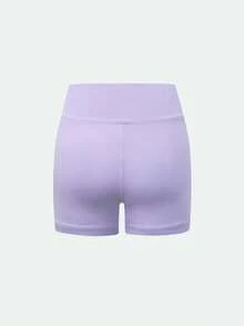 SHEIN Pantalones cortos de activewear para niñas preadolescentes de unicolor, estilo minimalista casual con cintura cruzada, tela con estiramiento de 4 vías, adecuado para ciclismo, correr, entrenamiento - Morado - Ver 4