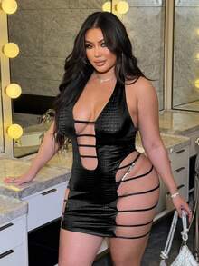 NU&NOW Plus Size Women Sexy Backless Bodycon Knit Stretch Mini Dress For Nightclub - Black - View 5