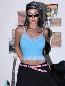 Eraneu Camiseta ajustada y sexy de unicolor con parches de encaje a la moda - Azul - Ver 3