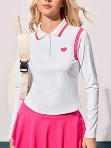 CourtClass CourtClass 女式拼色心形印花长袖 Polo 领修身休闲运动网球 Polo 衫，适合所有季节 - 白色 - 查看 2