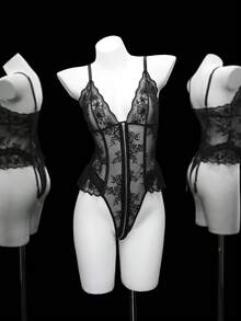 Women's Zipper Front Lace Patchwork Camisole Bodysuit