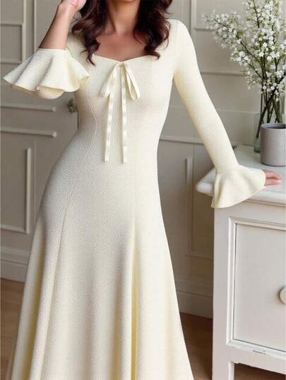 SHEIN 优雅法式蝴蝶结长袖连衣裙，简约休闲舒适少女连衣裙