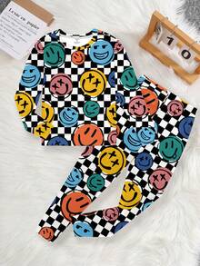 Tween Boys Casual Minimalist Snug Fit Face Print Long Sleeve Crew Neck Loungewear Set, Suitable For Autumn & Winter - Multicolor - View 1