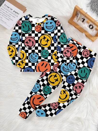 Tween Boys Casual Minimalist Snug Fit Face Print Long Sleeve Crew Neck Loungewear Set, Suitable For Autumn & Winter