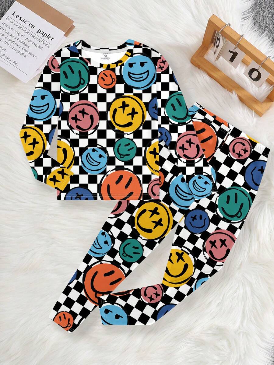 Tween Boys Casual Minimalist Snug Fit Face Print Long Sleeve Crew Neck Loungewear Set, Suitable For Autumn & Winter - Multicolor - View 1