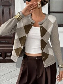 SHEIN PETITE Women's Rhombus Pattern Front Button Casual Long Sleeve Cardigan - Multicolor - View 4